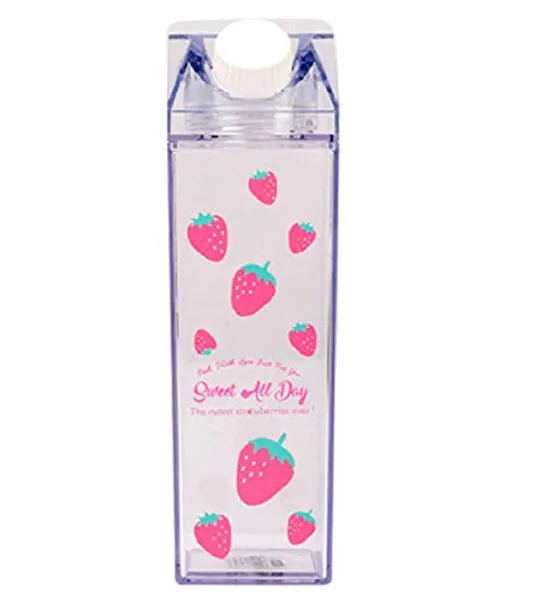 Milk Carton Water Bottle 17oz (500mL) Plastic Clear Square, No BPA Leakproof Portable Reusable Milk Carton Shaped Juice Bottle Perfect for Fitness Gym Camping Sports