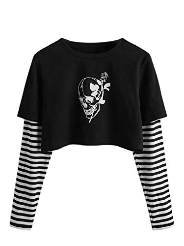 SweatyRocks Women's Color Block Butterfly Print Striped Long Sleeve Crop Top T Shirt - Medium - Black Striped