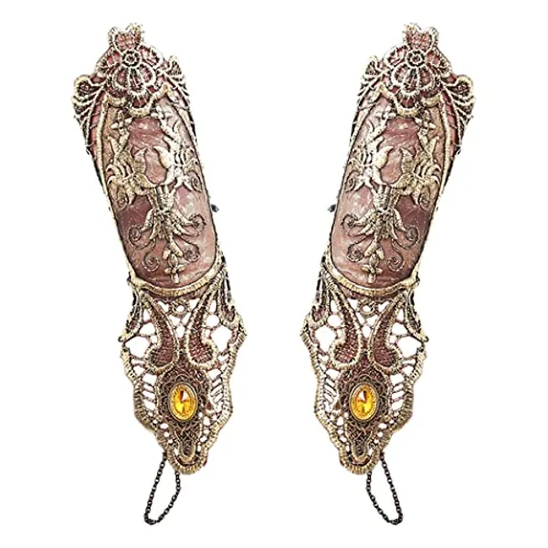 Jurxy Bronzing Fingerless Gloves Women Gothic Floral Lace Steampunk Wristband Ring Vintage Beaded Handmade Up Bridal Bracelet Set - 1 Pair Small Size