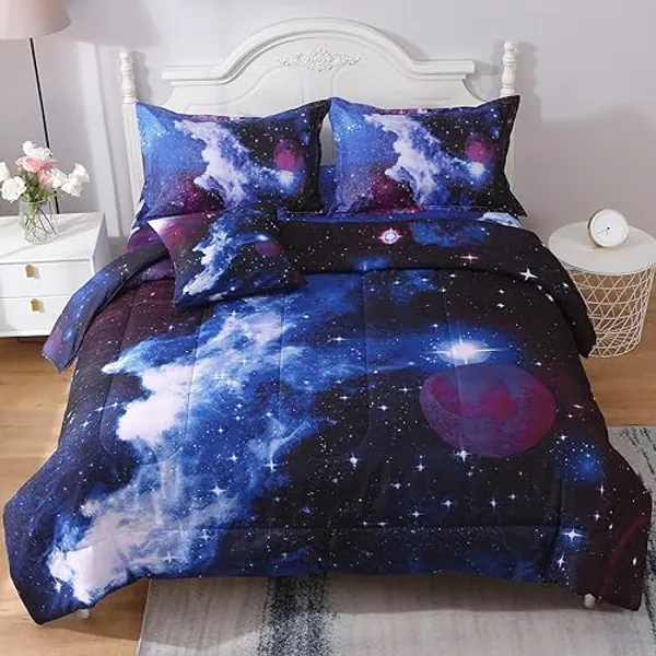 JQinHome Twin Galaxy Comforter Sets 6 Piece Bed in A Bag, Outer Space Themed Bedding for Children Boy Girl Teen Kids - (1 Comforter, 1 Flat Sheet, 1 Fitted Sheet, 2 Pillowshams, 1 Cushion Cover) - Twin(6pc) - Dark Blue