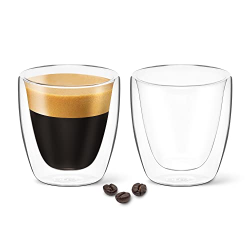 DLux Espresso Coffee Cups 80ml, Double Wall, Clear Glass set of 2 3oz Glasses, Insulated Borosilicate Glassware Tea Cup mug - 3 oz Espresso - Box of 2