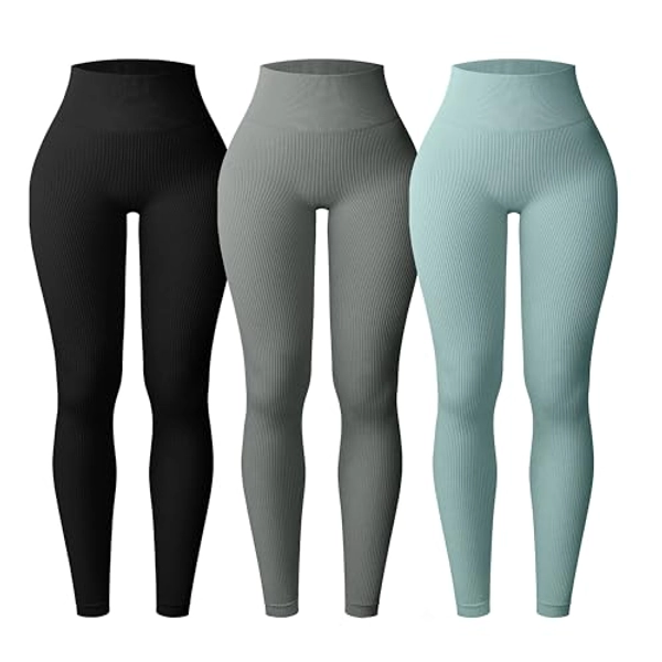  3 Piece Ribbed Seamless Leggings For Women High Waist  Workout Gym Athletic Yoga Pants