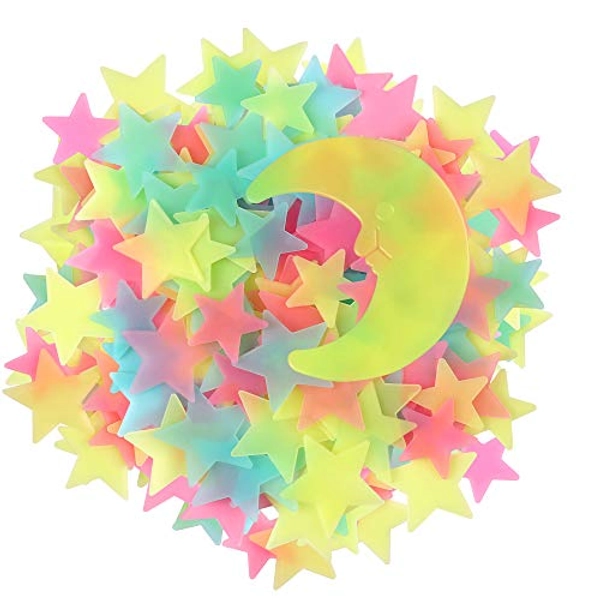 100 Pcs Colorful Glow in The Dark Luminous Stars and Moon Fluorescent Noctilucent Plastic Wall Stickers Murals Decals for Home Art Decor Ceiling Wall Decorate Kids Babys Bedroom Room Decorations