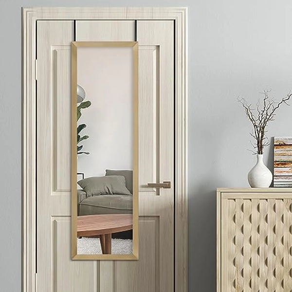 Mirrorize Full Length Over The Door Mirror Gold 42"X14", Long Door Hanging Mirror, Large Mirrors for Wall Full Body, Shatterproof Tall Floor Mirror