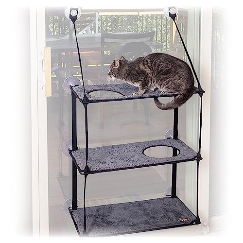 K&H Pet Products EZ Mount Window Sill Cat Bed, Cat Window Hammock, Sturdy Cat Window Perch for Large Cats, Cat Window Bed Cat Furniture, Cat Hammock for Window Cat Perch Cat Shelf - Triple Stack Gray - 12 X 23 Inches - Triple Stack