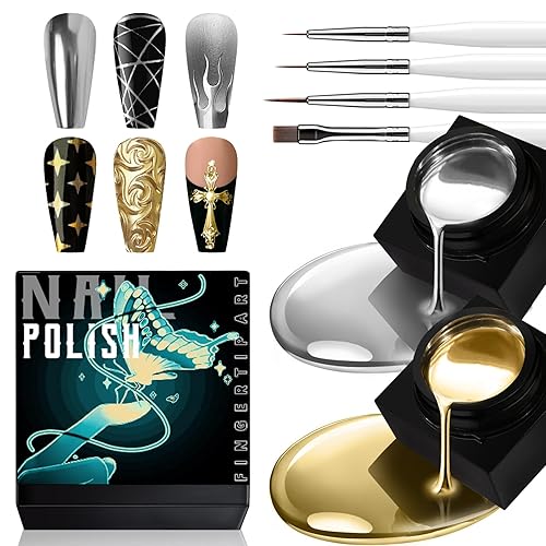 HOSAILY 2x8ml Metallic Painting Gel Kit, Mirror Silver Gold Gel Nail Polish, Super Glossy Shine 3D Metal Painted Gel, Mirror Chrome Effect Nail Art Soak Off UV/LED DIY Nail Manicure Drawing Decoration - Silver & Gold