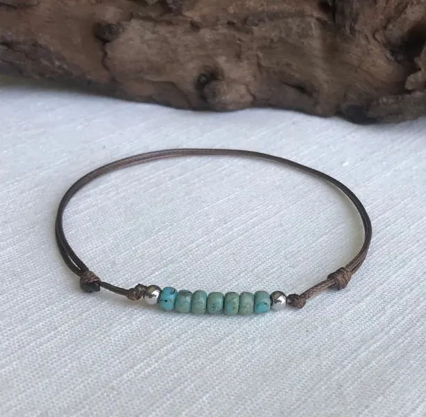 Small Blue-Green Miyuki Picasso Glass Beaded Dark Brown  Women&#39;s Adjustable Cord Anklet