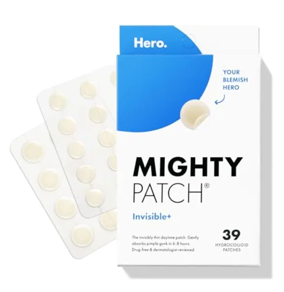 Mighty Patch Hero Cosmetics Invisible+ Patch - Daytime Hydrocolloid Acne Pimple Patches for Covering Zits and Blemishes, Ultra Thin Spot Stickers for Face and Skin (24 Medium and 15 Small Patches)