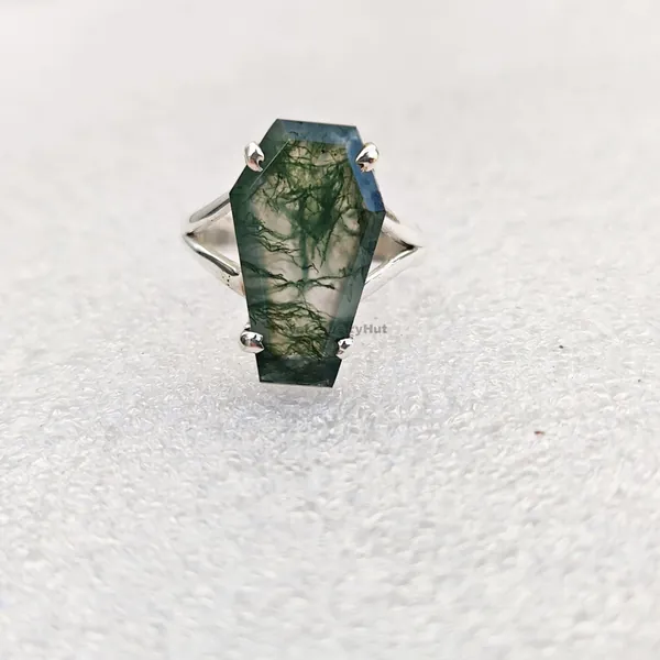 Coffin Ring, Moss Agate Ring, 925 Solid Sterling Silver Ring, Boho Ring, Handmade Jewelry, Moss Agate Coffin Gemstone Ring, Statement Ring