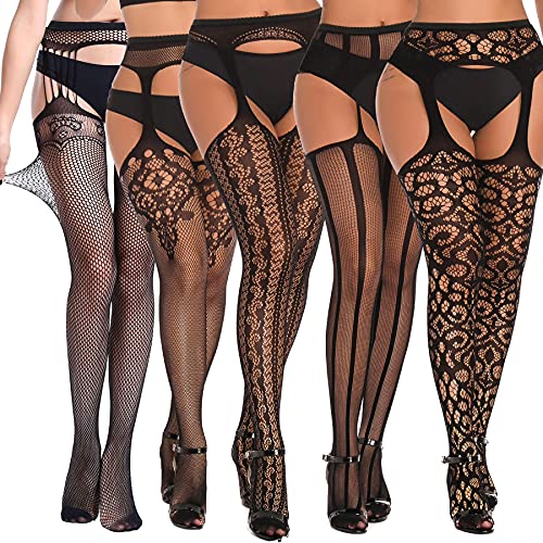 SOUTHRO 5 Pairs Fishnet Thigh High Garter Stockings Patterned Tights for Women,Garter Belt Set & Suspender Pantyhose for Girl - One Size - A-5pcs