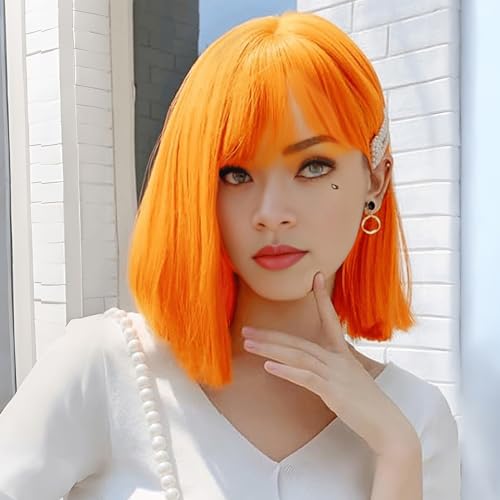 BEAUTIFA Orange Bob Wig with Bangs for Women 12 Inch Short Straight Orange Wigs Synthetic Colored Wigs - Orange