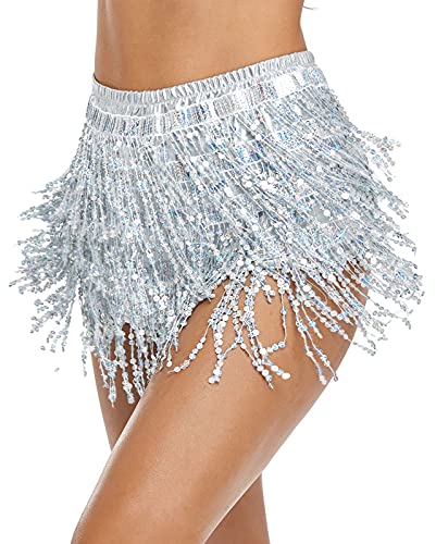 Women's Sequins Tassel Shorts Sparkly Skirts Bottoms - Medium - Silver Without Glasses