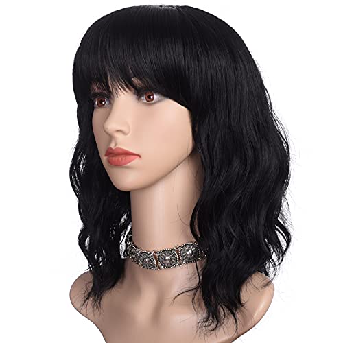 morvally Short Black Wavy Bob Wig with Bangs for Women 16 Inches Natural Synthetic Hair Wavy Wigs - Natural Black - 16 Inch (Pack of 1)