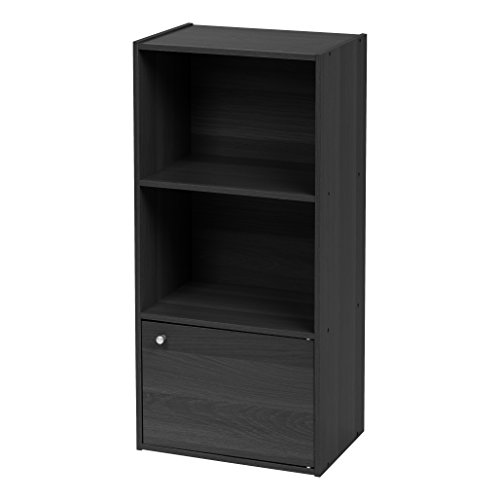 IRIS USA 3 Tier Bookshelf and Storage Cupboard, Open Cubby Storage Shelf with Door, Small Storage Cabinet, Black - Black - 1 Door