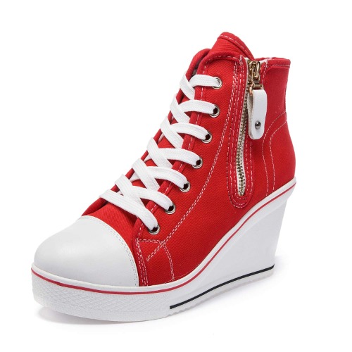 Hotcham Damen Canvas Sneaker Wedges mit Keilabsatz Freizeitschuhe Turnschuhe Laufschuhe Sportschuhe - 43 EU 01rot