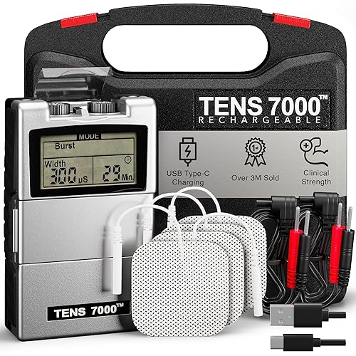 TENS 7000 Rechargeable Tens Unit Muscle Stimulator, Back Pain Relief, 4 Electrodes/Unit Pads, Period Pain Simulator, Muscle Recovery & Growth, Stim Machine, Electrotherapy, TENS Machine - PROFESSIONAL_HEALTHCARE