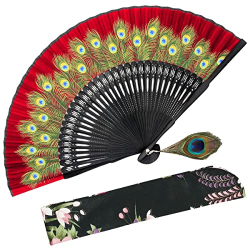 OMyTea Hand Held Folding Fan for Women Peacock Chinese Japanese Oriental Asian Style - for Wedding, Dancing, Church, Party, Gifts (Red) - Red
