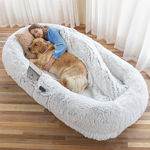 WROS Human Dog Bed, 71"x45"x12" Dog Beds for Humans Size Fits You and Pets, Washable Faux Fur Human Dog Bed for People Doze Off, Napping Orthopedic Dog Bed, Present Plump Pillow, Blanket, Strap - Grey - 71.0"L x 45.0"W x 12.0"Th - Grey