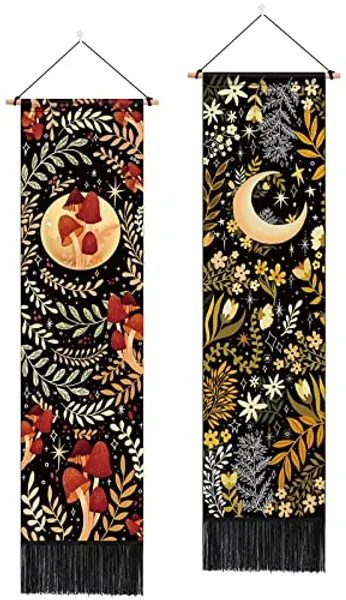Pack of 2 Moon and Floral Tapestry Yellow and Green Plant Tapestry Botanical Tassel Tapestry Mystical Butterfly and Flower Tapestry Vertical Bohemian Tapestry Wall Hanging for Room(12.8 x 51.2 inches)