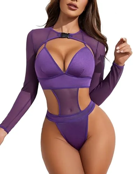 Avidlove Rave Outfits for Women Festival Sexy Lingerie Bodysuit Buckle Shrug Crop Top Set