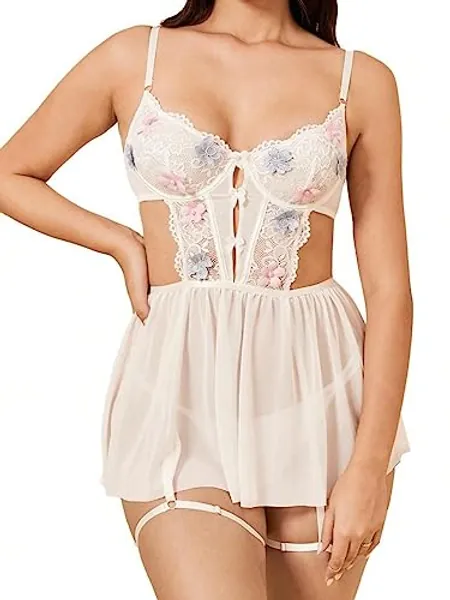 WDIRARA Women's Floral Embroidery Mesh Split Cut Out Babydoll Lingerie Slip Dress Pure White L