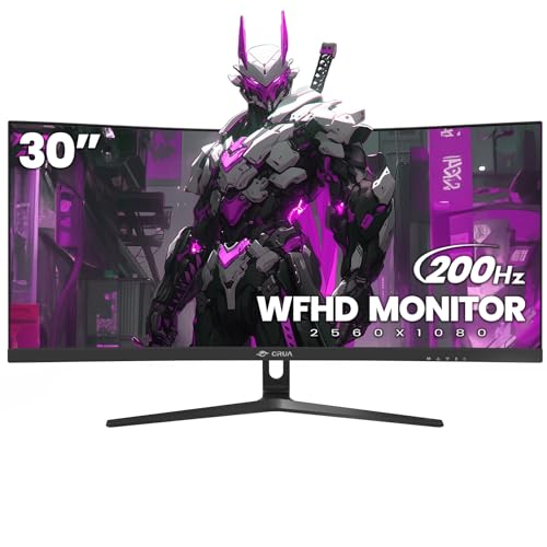 CRUA 30" Curved Gaming Monitor, 144Hz/200Hz Ultrawide Computer Monitor, WFHD(2560 * 1080P) VA Screen,21:9,1500R,99% sRGB, PC Monitors Support FreeSync, with HDMI/DP, Support Wall Mount- Black - 29.5Inch - 1500R WFHD 200Hz