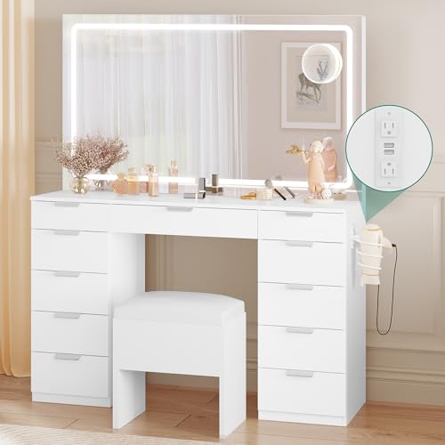 YITAHOME Vanity Desk Set with Large LED Lighted Mirror & Power Outlet, Makeup Vanity with 11 Drawers and Magnifying Glass, 46'' Vanity with Storage Bench for Bedroom, White