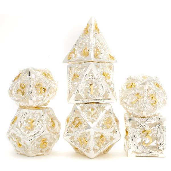 DND Polyhedral Metal Game Dice Rose Gold White 7pc Set for Dungeons and Dragons RPG MTG Table Games D&D Pathfinder Shadowrun / Hollow Dragon White