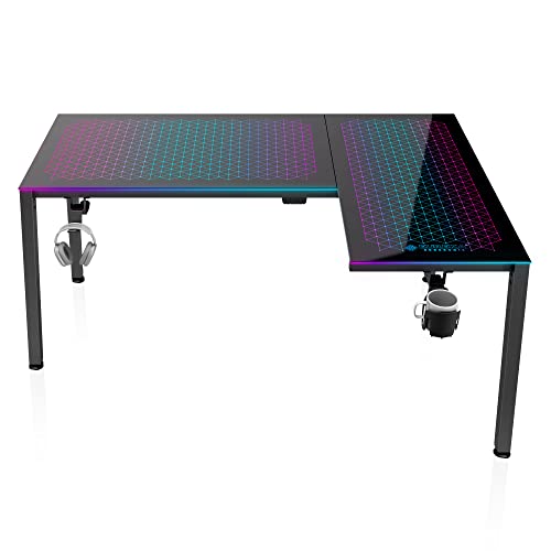 EUREKA ERGONOMIC Music Sensing RGB LED Lights Glass Gaming Desk, 60 Inch L Shaped Reversible Top, Home Office Corner Computer Studio Table Gifts GTG L60 w Cup Headset Socket Holder, Smart APP Control - 60 Inch