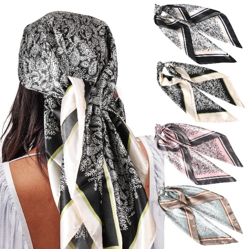 35” Satin Large Square Head Scarves - 4PCS Silk Like Neck Scarf Hair Sleeping Wraps Lightweight Satin Silk Scarfs for Women - Black+camel+pink+green