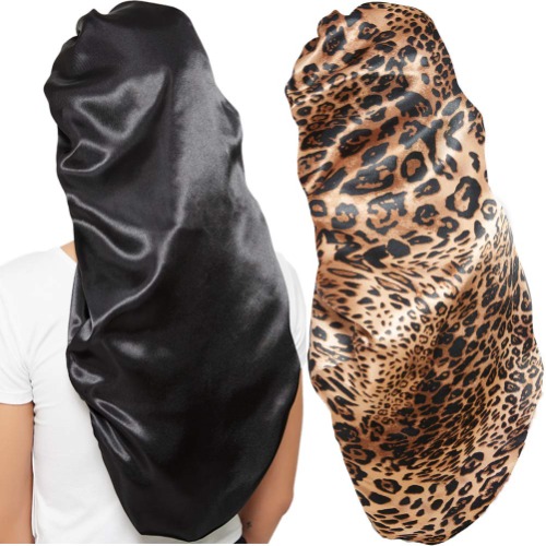 2 Pcs Hair Bonnets for Women Satin, Black Leopard Soft Elastic Band Silky Sleeping Cap Big Bonnets for Women Bonnet for Braids - 