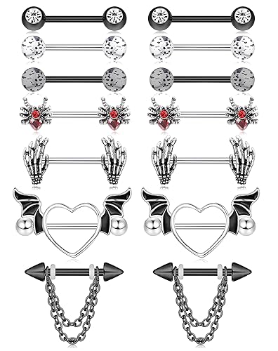 Fansilver 7 Pairs 14G Nipple Rings for Women Surgical Steel Nipple Piercing CZ Heart Butterfly Barbell Nipple Rings Set Cute Nipple Body Piercing Jewelry - D. Black Nipple Rings Set