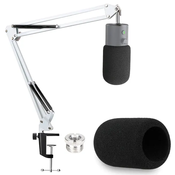 YOUSHARE White Boom Arm with Pop Filter - Mic Stand with Windscreen Foam Cover Compatible with Razer Seiren X Streaming Microphone