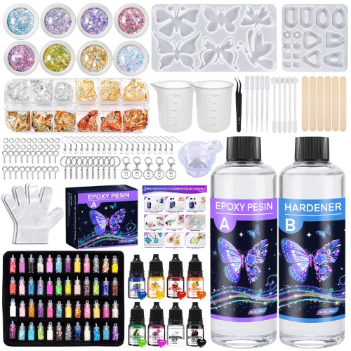 TAVADA Epoxiharts set nybörjare 600 ml, glasklar harts gjutning set med epoxiharts tillbehör, silikonformer, glitter, träpinnar, mätkopp, för konstprojekt, smyckestillverkning hantverk
