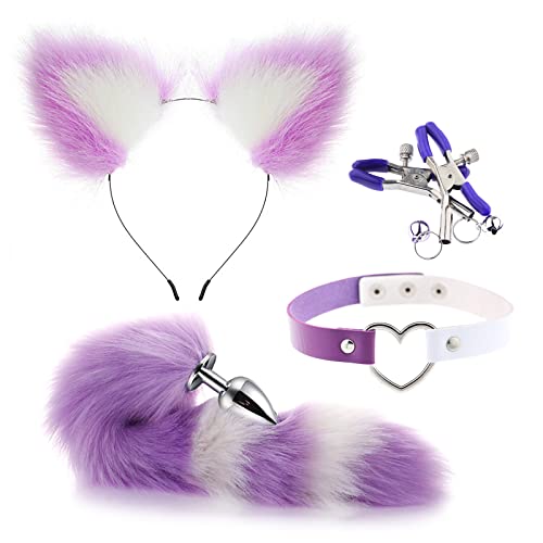 Plug Set of 4 Cosplay Sex Toy Kit with Fox Tail, Plush Cat Ears, Hair Accessories, Collar, Nipple Clips, SM Toy for Women and Men (Purple + White)