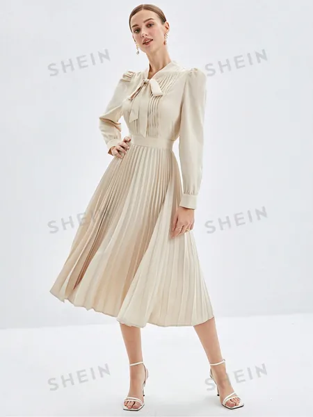 SHEIN BIZwear Women's Puff Sleeve Pleated Dress