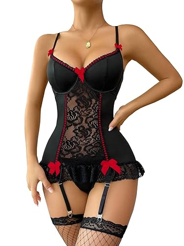 Lilosy Sexy Bows Lace Babydoll Lingerie Set with Panty - X-Large - Black and Red