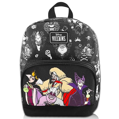 Disney Villains Mini Backpack for Women - 10” Canvas Disney Villains Backpack with Front Pocket Plus Bookmark | Disney Villains Backpack Purse Bundle