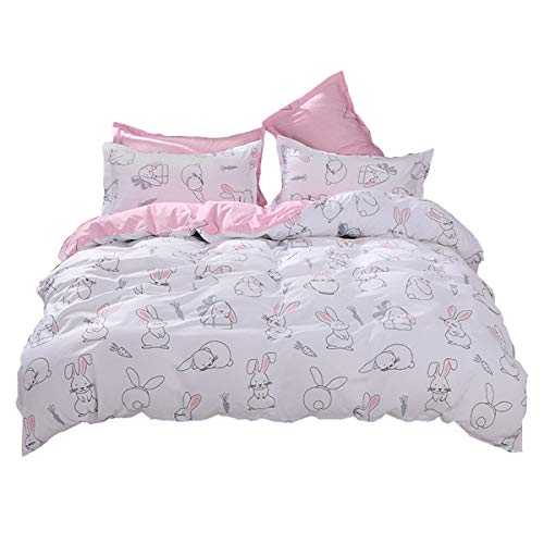 Duvet Cover Set 3 Piece, Morbuy Cute Animal Print Duvet Set Bedding Set for Double King Single Bed with 1 x Quilt Case 2 Pillowcases (Single-135x200cm,rabbit) - Single-135x200cm - Rabbit