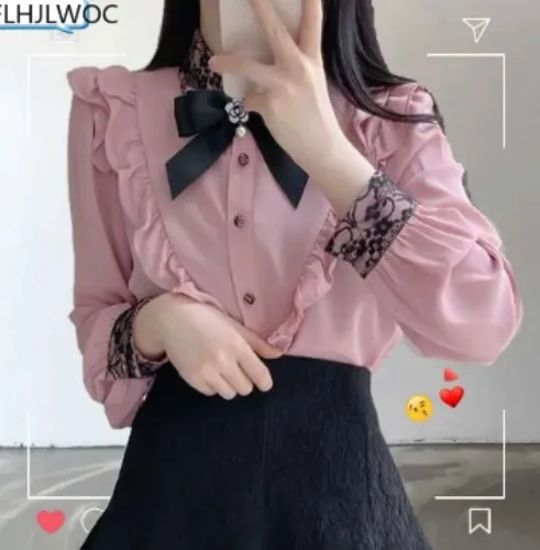 2023 Autumn Spring Women's Cute Ribbon Bow Tie Tops Preppy Style Vintage Japan Korea Design Button Elegant Formal Shirts Blouses