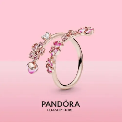 2023 Pandoras New Pink Peach Blossom Flower Branch Open Ring Women Fashion Jewellery