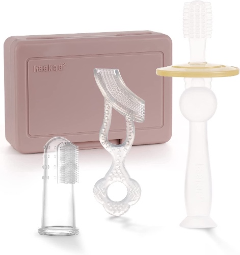 haakaa Silicone Teether Brush Finger Brush Toothbrush, 0-36 Months - Infant Oral Care Set (Blush) - Blush
