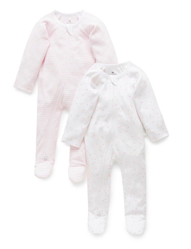 Purebaby 2 Pack Zip Growsuit Stripe/Spot Pink