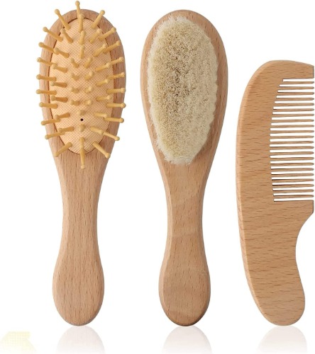 3 Piece Wooden Baby Hair Brush and Comb Set Natural Goat Bristles Brush for Newborns and Toddlers Perfect for Baby Shower and Registry