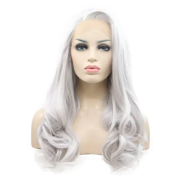 Melody Wig Silver Gray Lace Wigs For Women Body Wave Side Part Silver Grey Synthetic Lace Front Wigs 180% Density Half Hand Tied Heat Resistant Fiber Hair 24''
