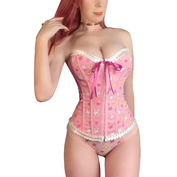 Littleforbig Women's Lace Up Boned Overbust Corset Bustier Bodyshaper Top - Usagi Moon Pattern