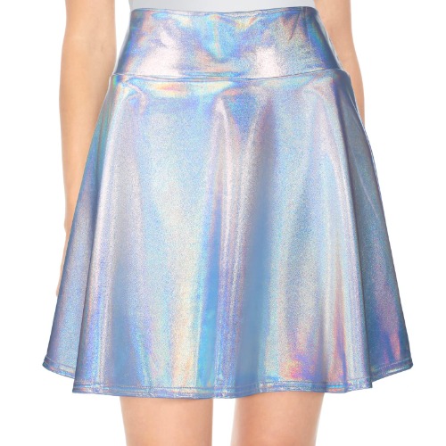 Women Metallic Skater Skirt Shinny Disco Skirt Alien Cosplay for Halloween Costume Rave Nightclub Dance Party - Laser Silver Large