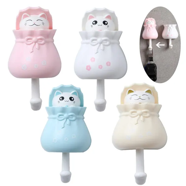 OUEEGER Wall Hooks Decorative, 4 Pack Cute Wall Hooks, Cat Coat Hooks for Towel, Backpack, Key, Hat