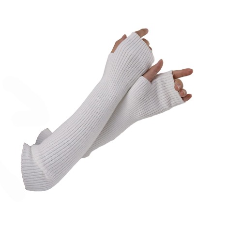 Arm Warmers Women, Facecozy Knit Cashmere Wool Blend Long Fingerless Gloves for Women Cold Weather Gloves with Thumb Hole - White 16"/40.5cm