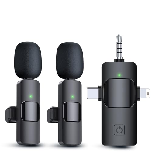 PQRQP 3 in 1 Wireless Lavalier Microphones for iPhone, iPad, Android, Camera, USB-C Microphone, 7-Hour Battery, Mini Microphone with Noise Reduction for Video Recording, Vlog, YouTube, TikTok - Deep Black
